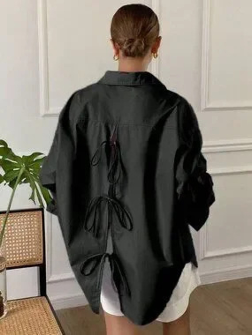 Black Casual Women's Loose Long Sleeve Blouse with Back Slit and Bow